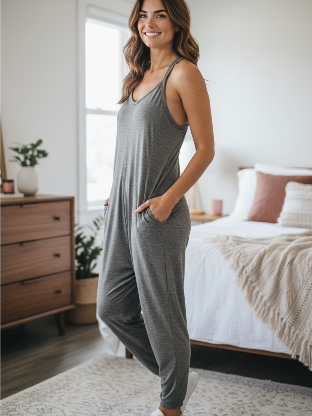 NEW Cami Drop Crotch Racer Back Gray/Black Heather Jersey Knit Hot Shot Jumpsuit